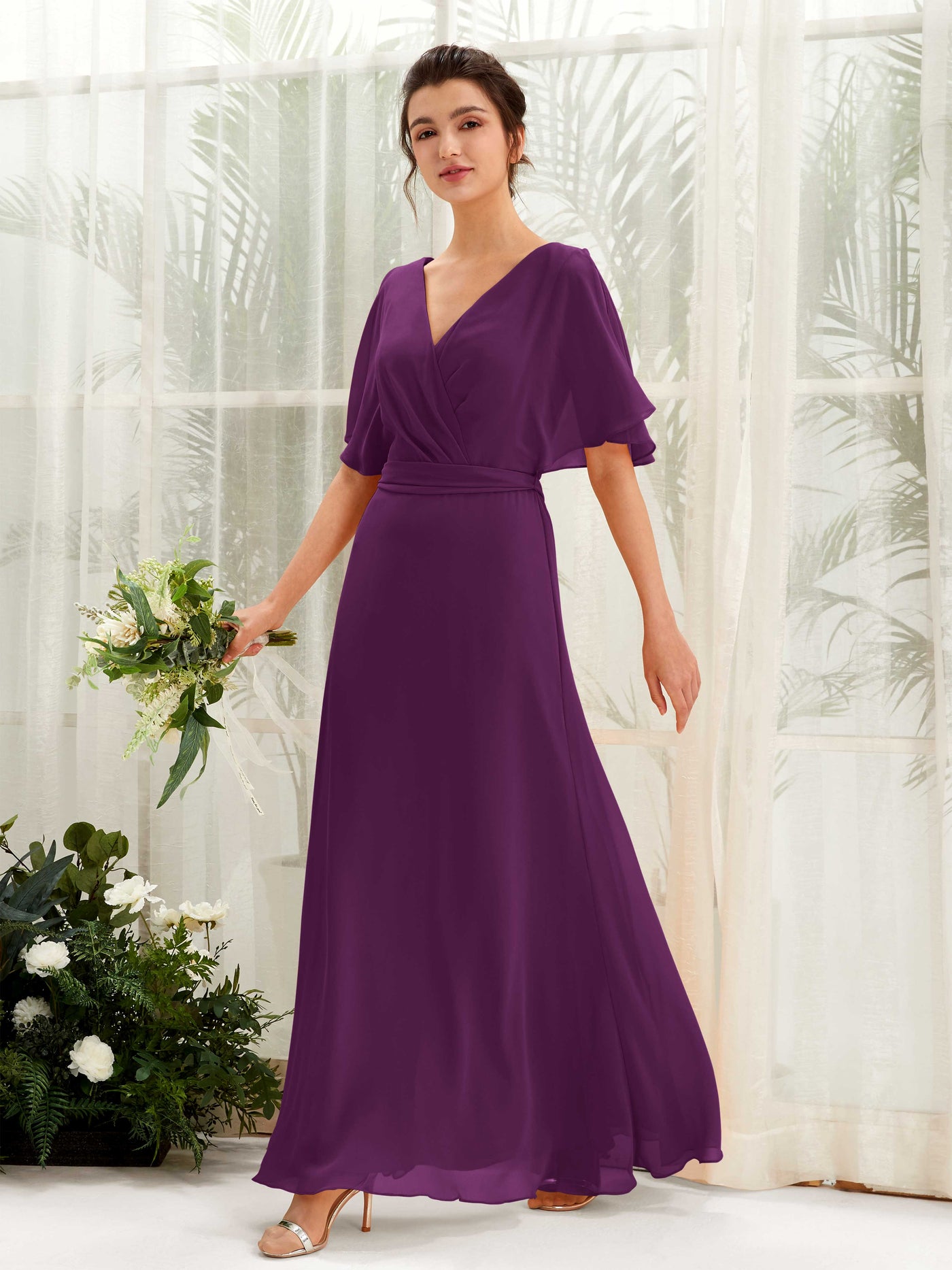 V-neck Short Sleeves Chiffon Bridesmaid Dress - Grape (81222431)#color_grape