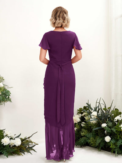 Carlyna Eartha Mermaid Grape Bridesmaid Dress Maxi Cap Sleeve V-Neck Dress Back View #color_grape