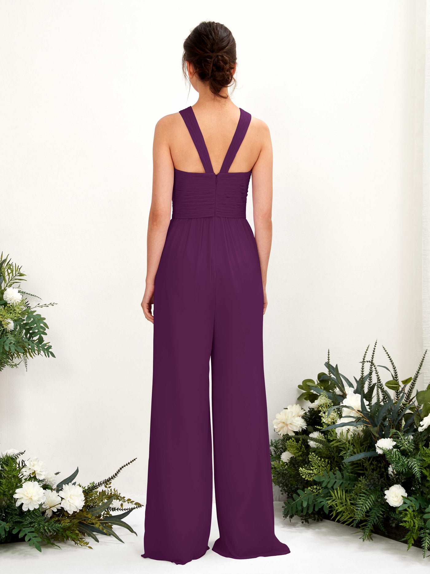 V-neck Sleeveless Chiffon Bridesmaid Dress Wide-Leg Jumpsuit - Grape (81220731)#color_grape