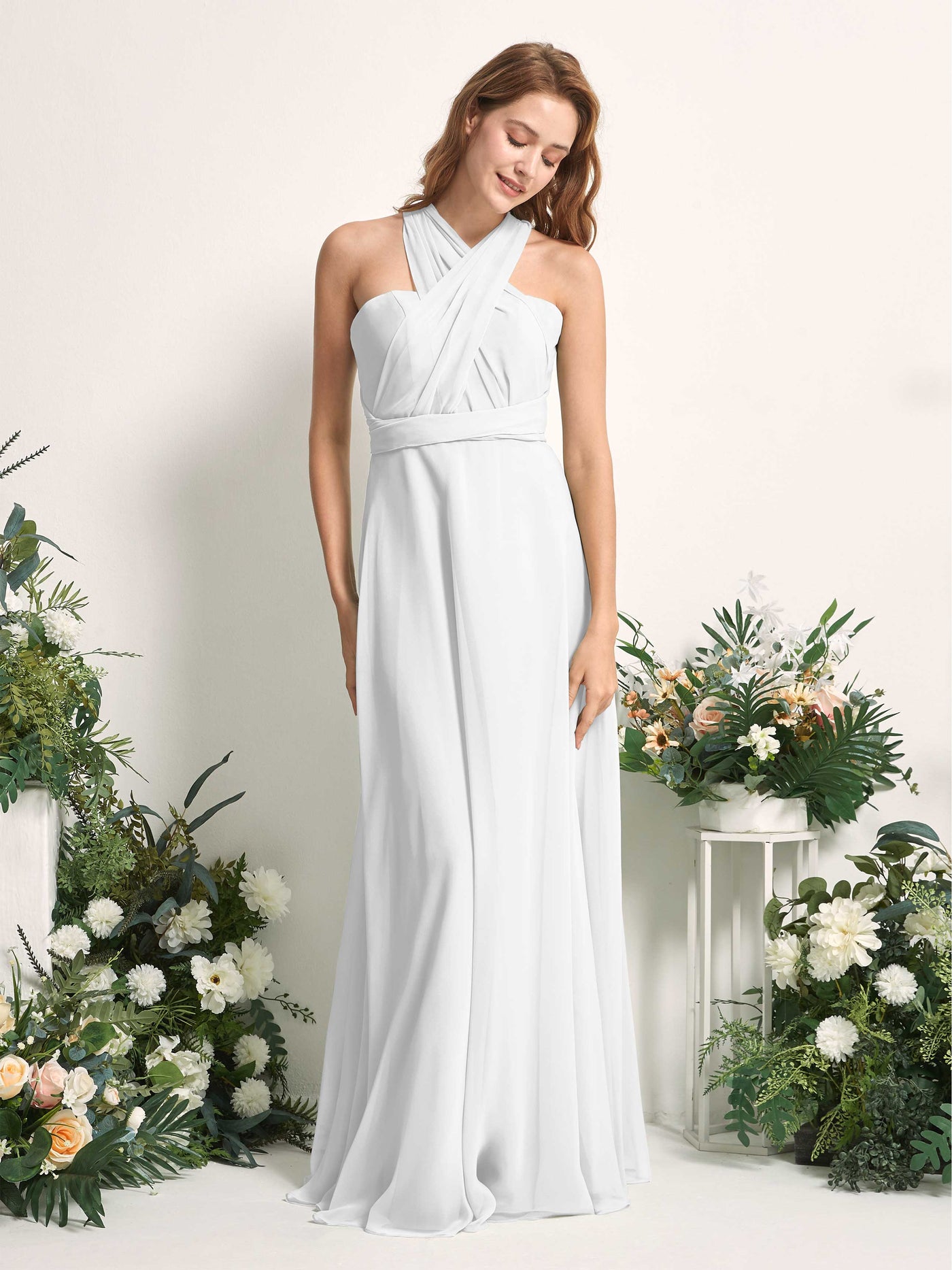 Bridesmaid Dress A-line Chiffon Halter Full Length Short Sleeves Wedding Party Dress - White (81226342)#color_white