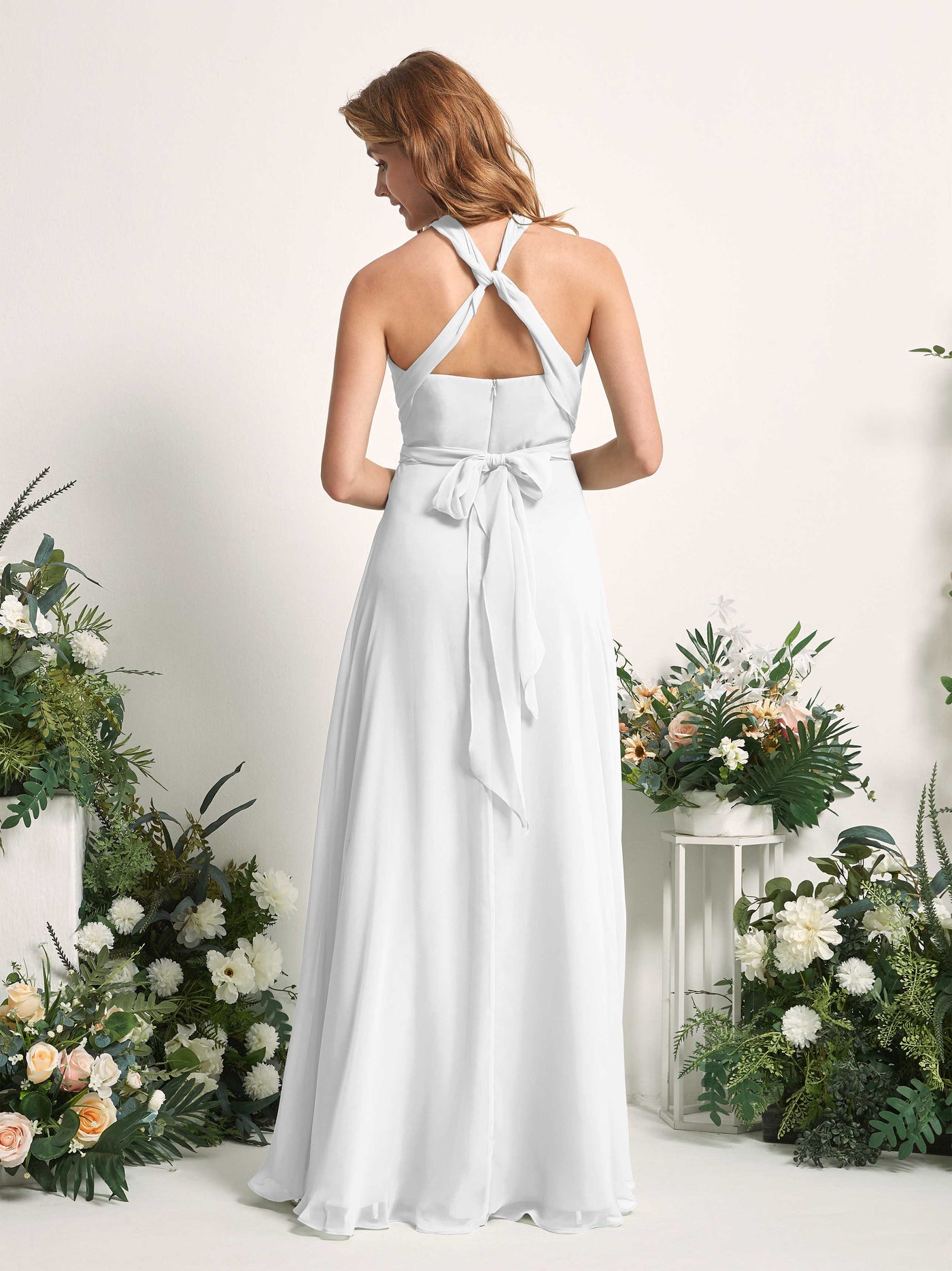 Bridesmaid Dress A-line Chiffon Halter Full Length Short Sleeves Wedding Party Dress - White (81226342)#color_white