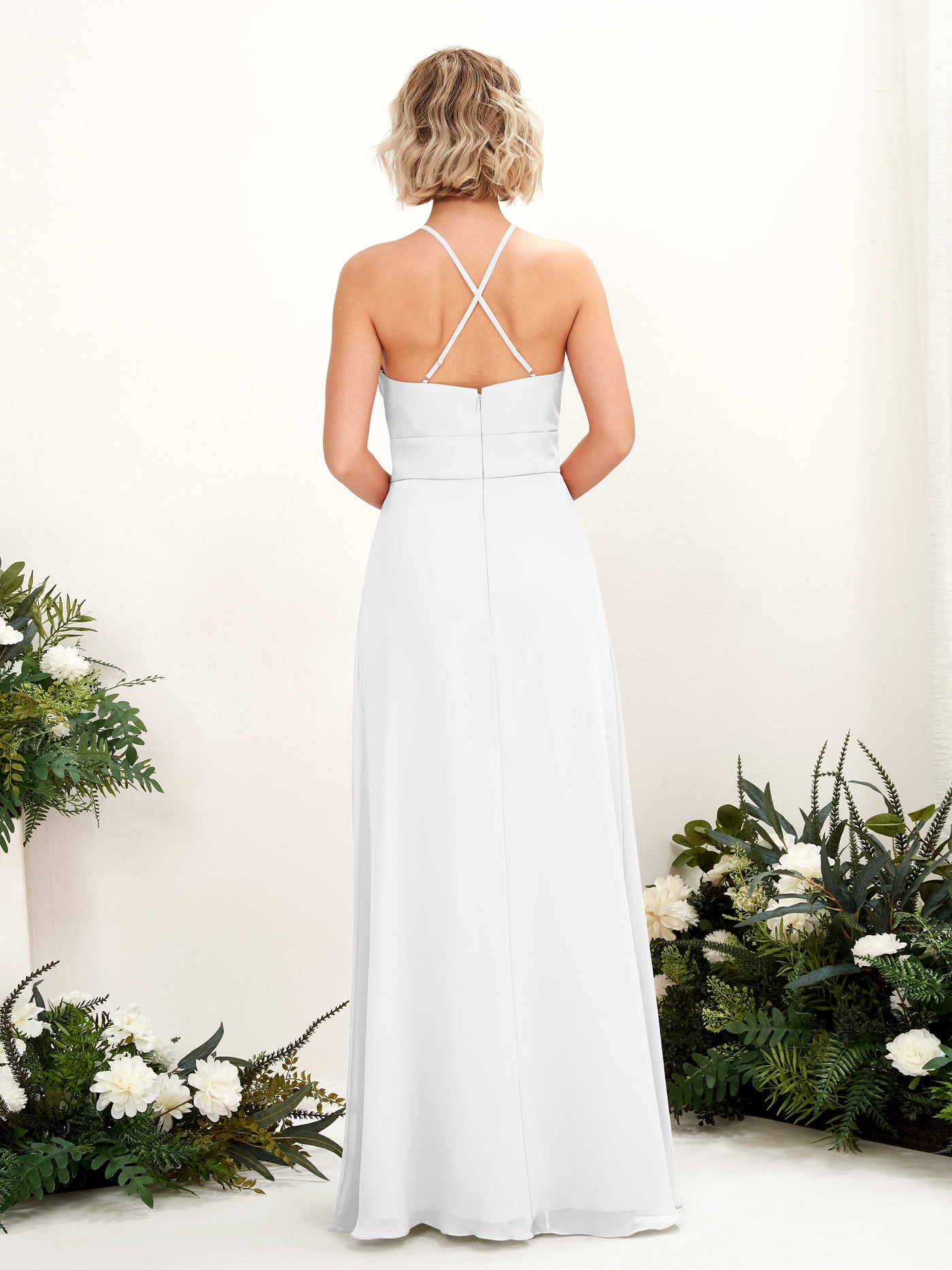A-line Ball Gown Halter Spaghetti-straps Sleeveless Bridesmaid Dress - White (81225242)#color_white