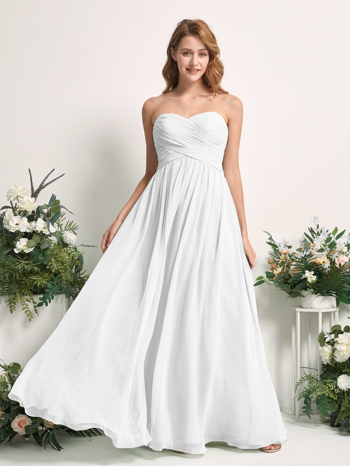 Bridesmaid Dress A-line Chiffon Sweetheart Full Length Sleeveless Wedding Party Dress - White (81226942)#color_white