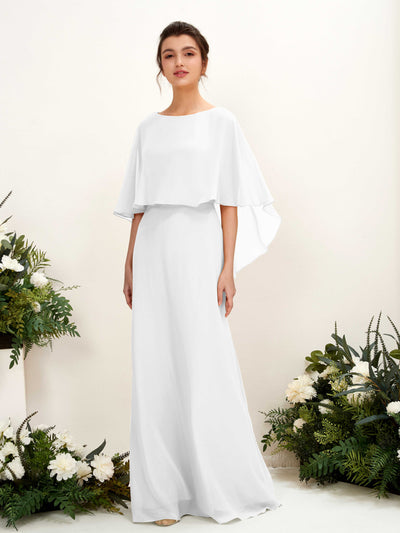 Carlyna Savin Sheath White Bridesmaid Dress Maxi Cap Sleeve Boat Neck Dress #color_white
