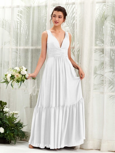 Carlyna Alissa A-Line White Bridesmaid Dress Maxi Sleeveless V-Neck Dress Front View #color_white