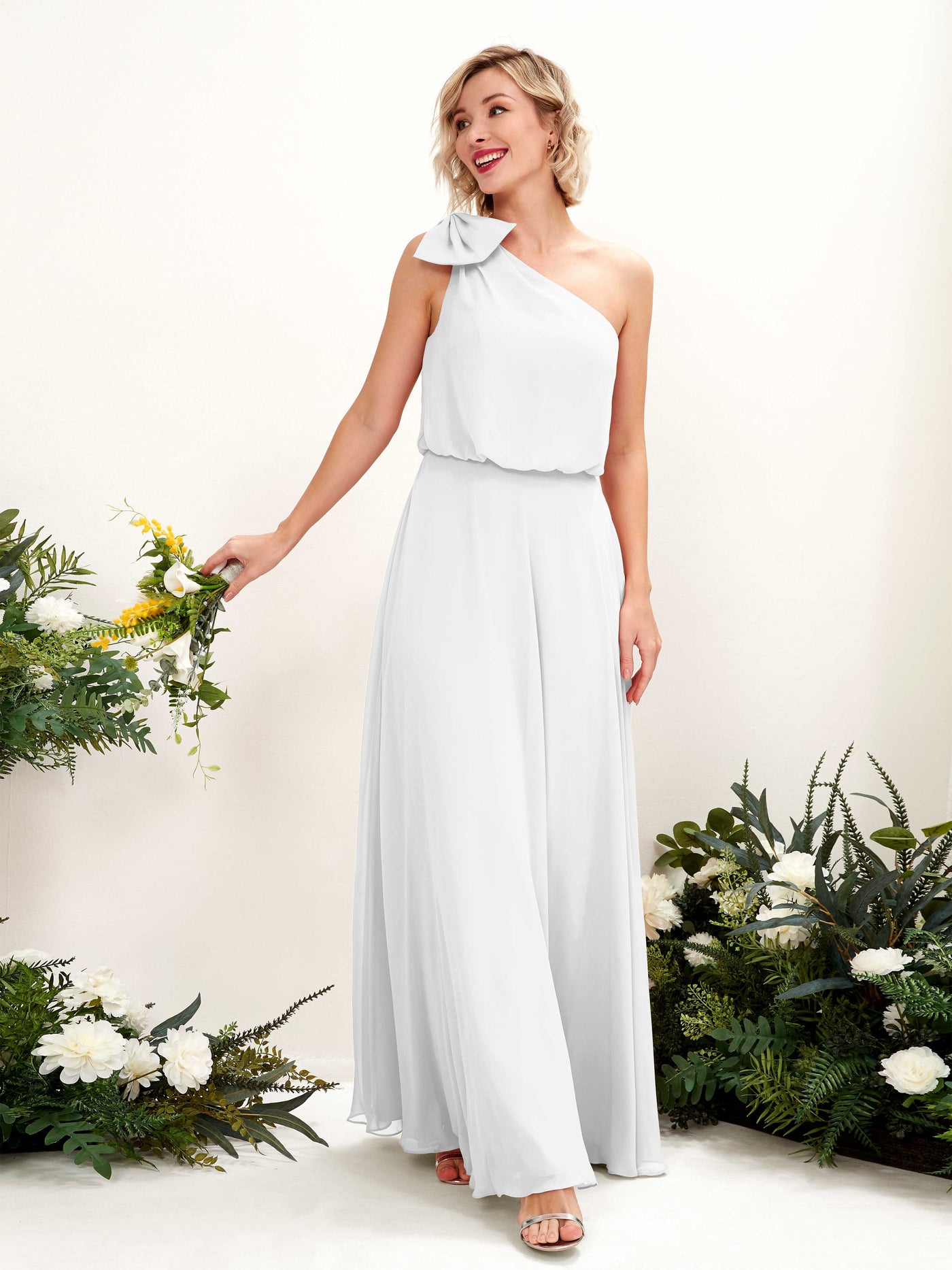 A-line One Shoulder Sleeveless Chiffon Bridesmaid Dress - White (81225542)#color_white