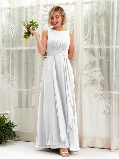 Carlyna Brianna A-Line White Bridesmaid Dress Maxi Sleeveless Boat Neck Dress Front View #color_white