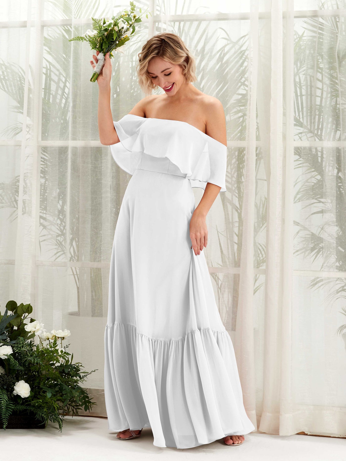 A-line Off Shoulder Chiffon Bridesmaid Dress - White (81224542)#color_white