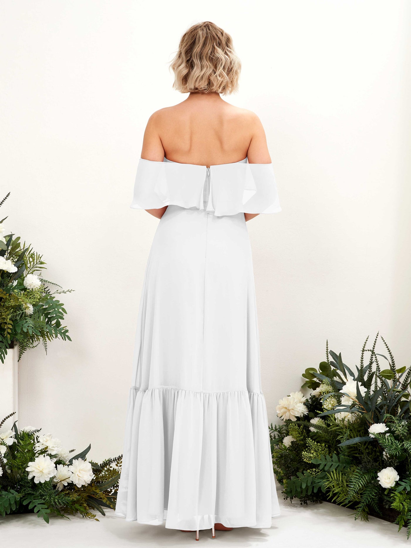 A-line Off Shoulder Chiffon Bridesmaid Dress - White (81224542)#color_white