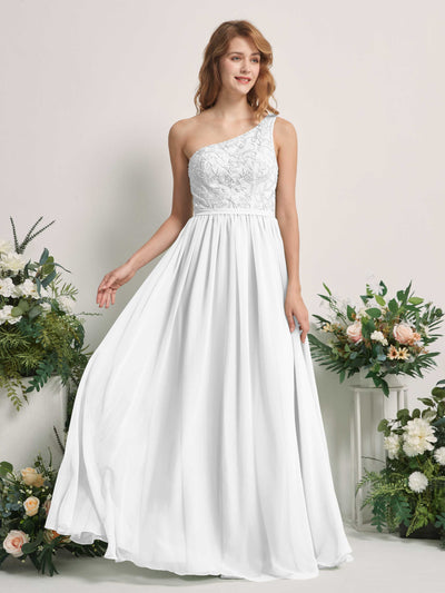 Carlyna Bonita A-Line White Embroidered Bridesmaid Dress Maxi Sleeveless One Shoulder Dress Front View #color_white