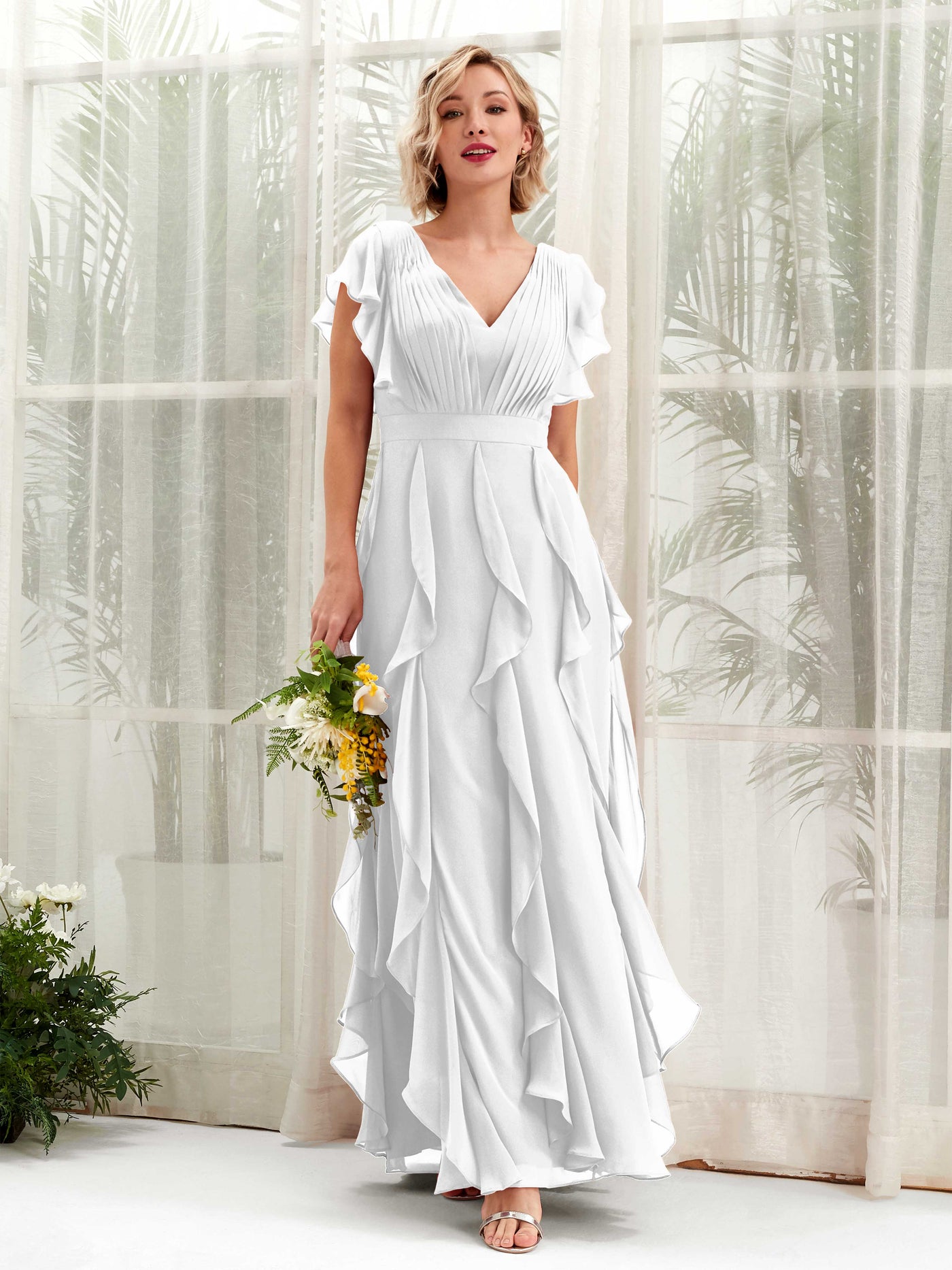 A-line V-neck Short Sleeves Chiffon Bridesmaid Dress - White (81226042)#color_white