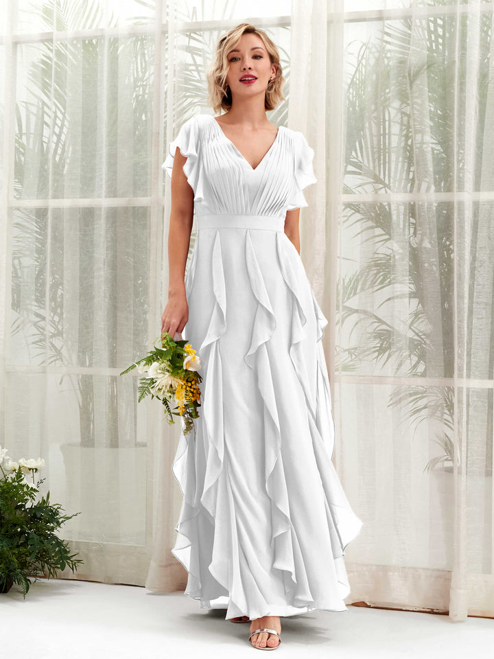 A-line V-neck Short Sleeves Chiffon Bridesmaid Dress - White (81226042)