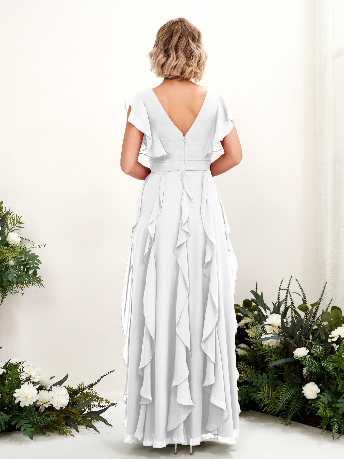 A-line V-neck Short Sleeves Chiffon Bridesmaid Dress - White (81226042)#color_white