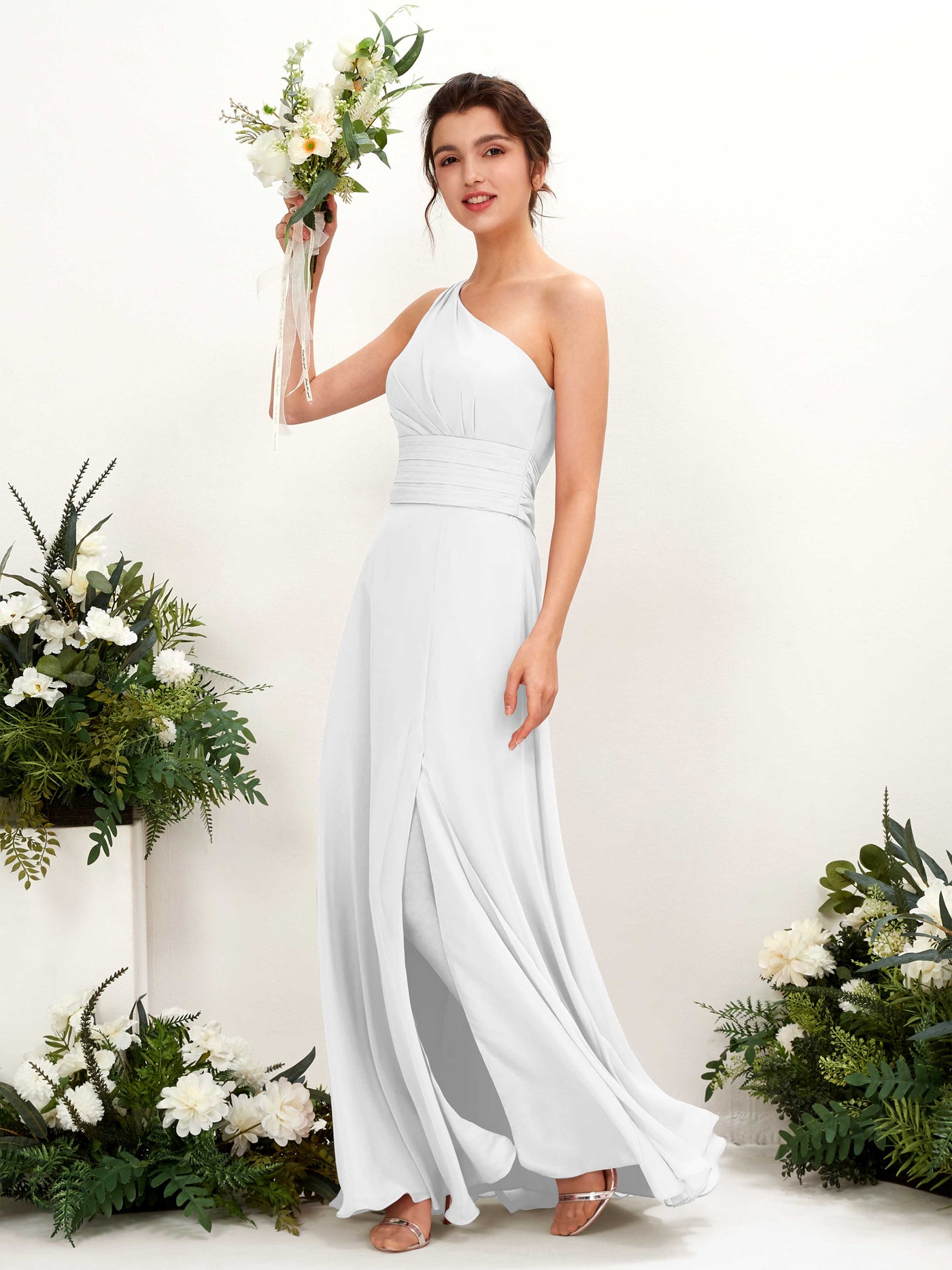 A-line One Shoulder Sleeveless Bridesmaid Dress - White (81224742)#color_white