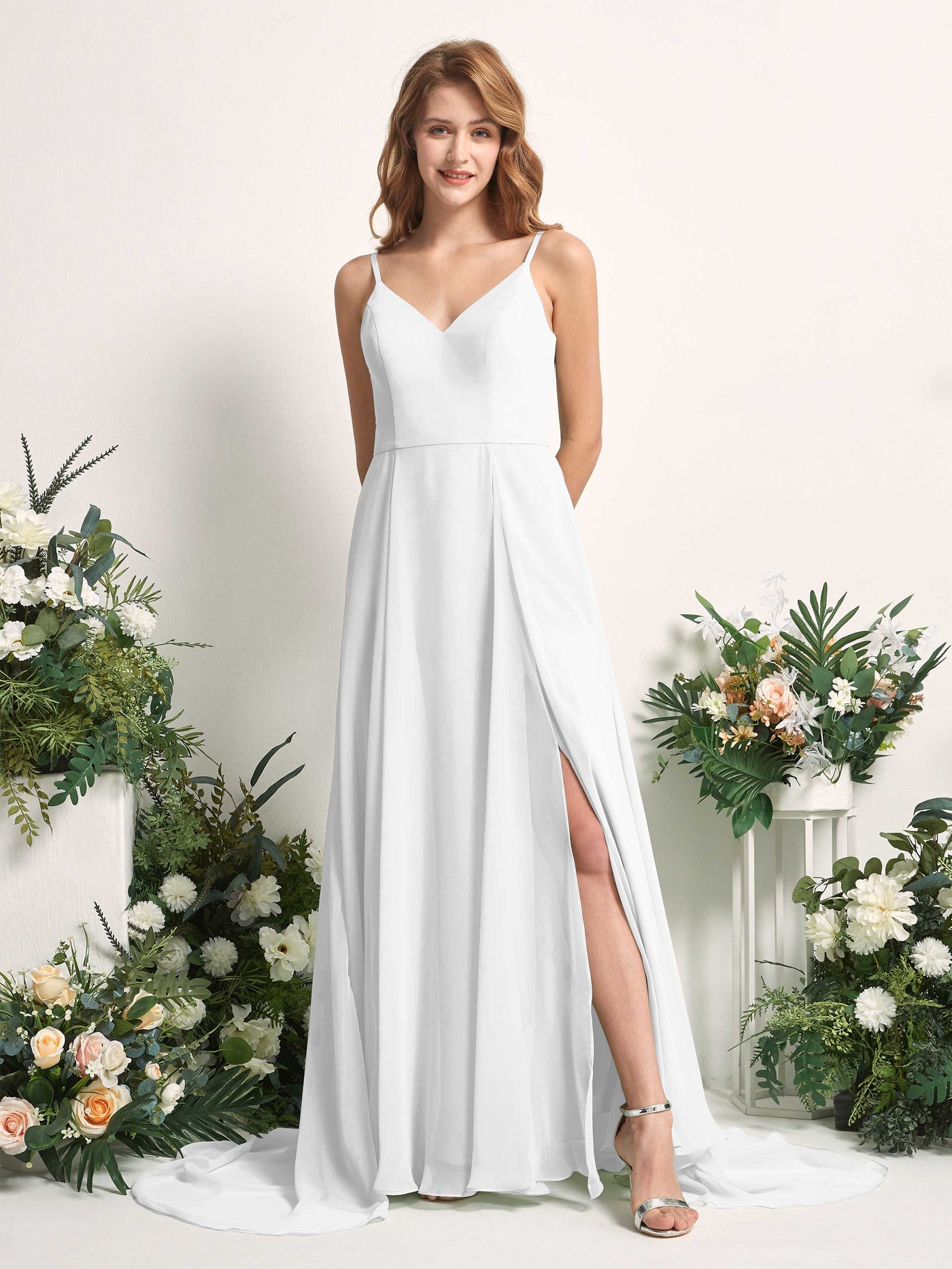 Bridesmaid Dress A-line Chiffon Spaghetti-straps Full Length Sleeveless Wedding Party Dress - White (81227742)#color_white