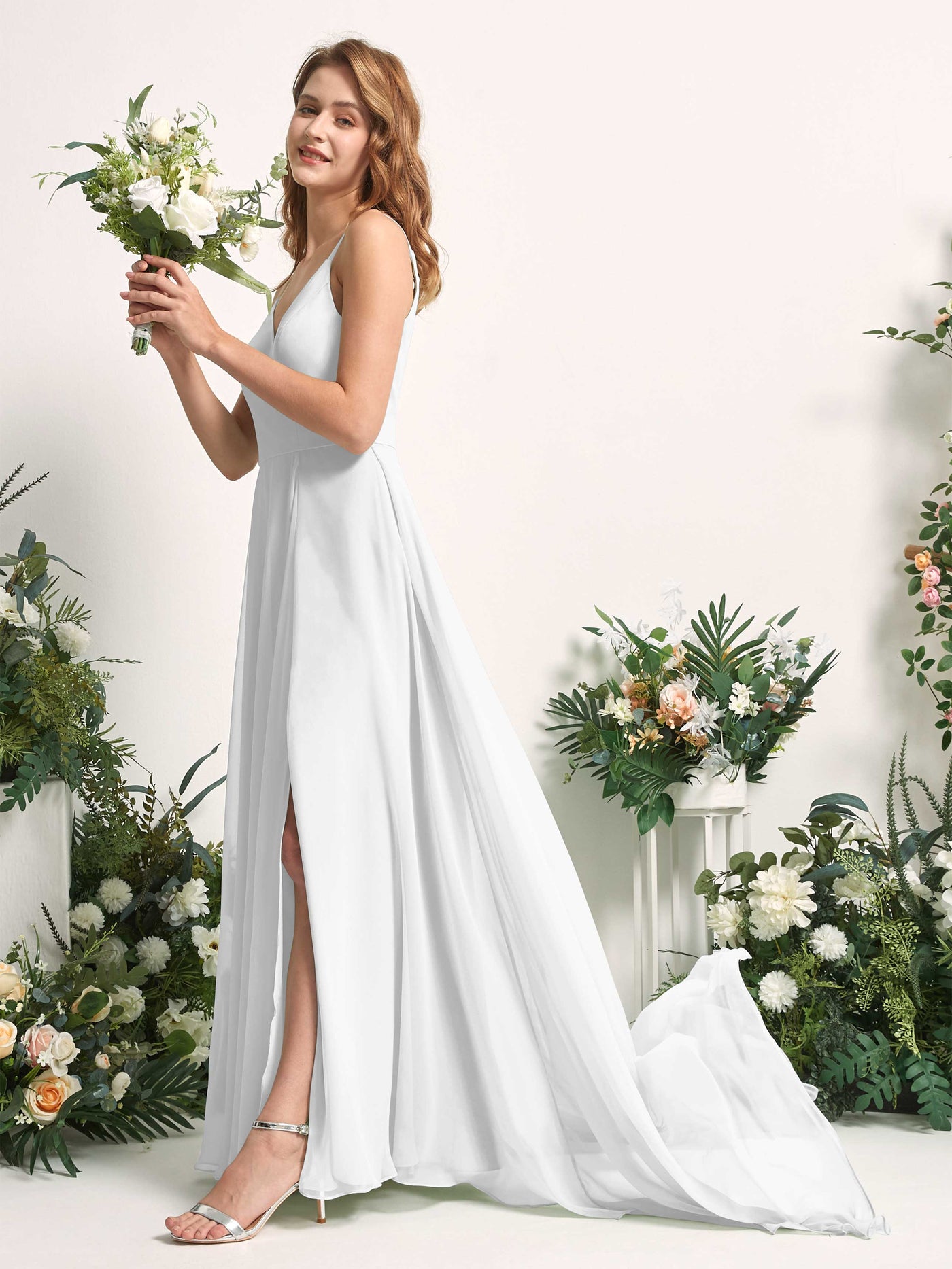 Bridesmaid Dress A-line Chiffon Spaghetti-straps Full Length Sleeveless Wedding Party Dress - White (81227742)#color_white