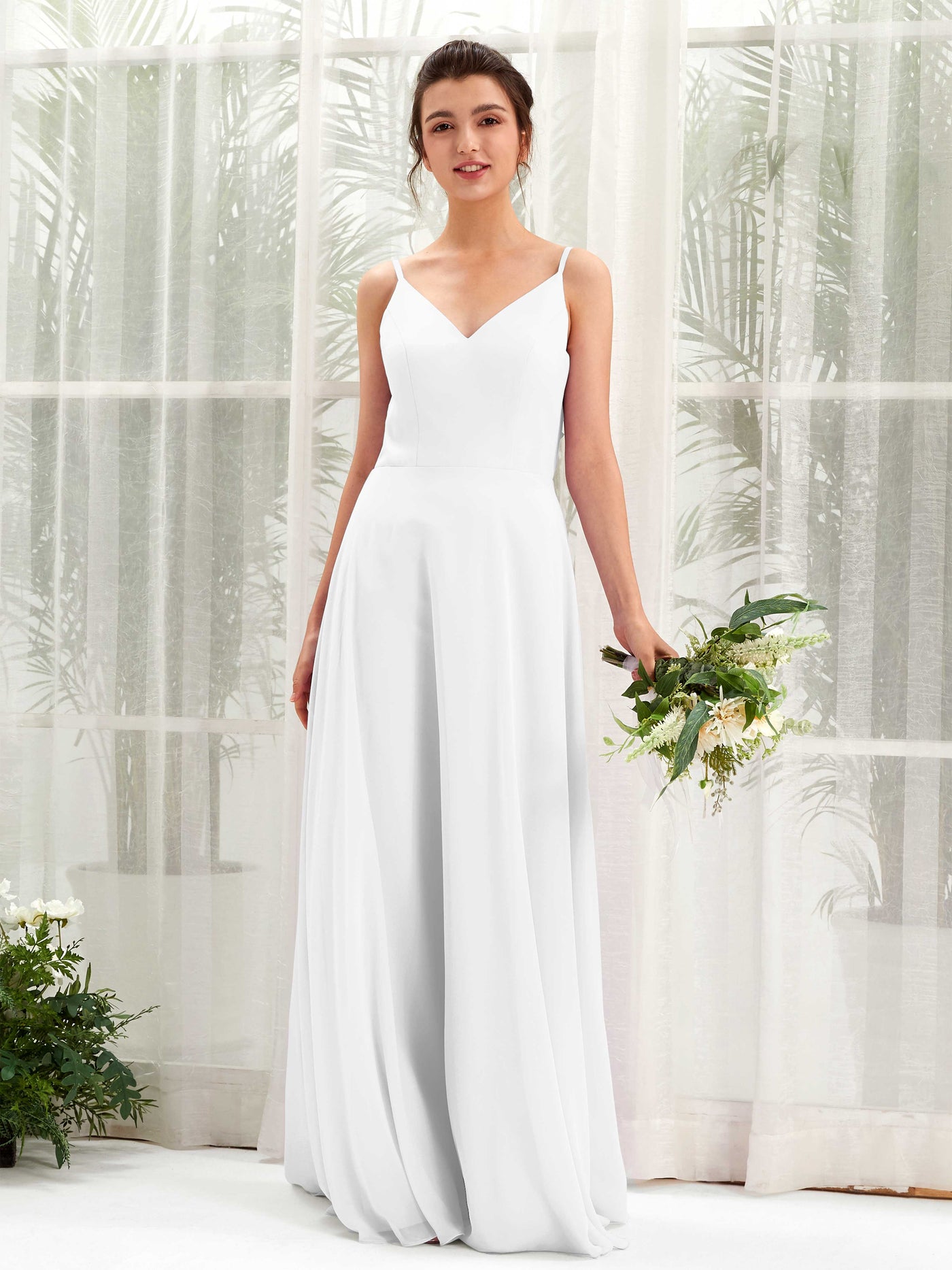 A-line Spaghetti-straps V-neck Sleeveless Chiffon Bridesmaid Dress - White (81220642)#color_white