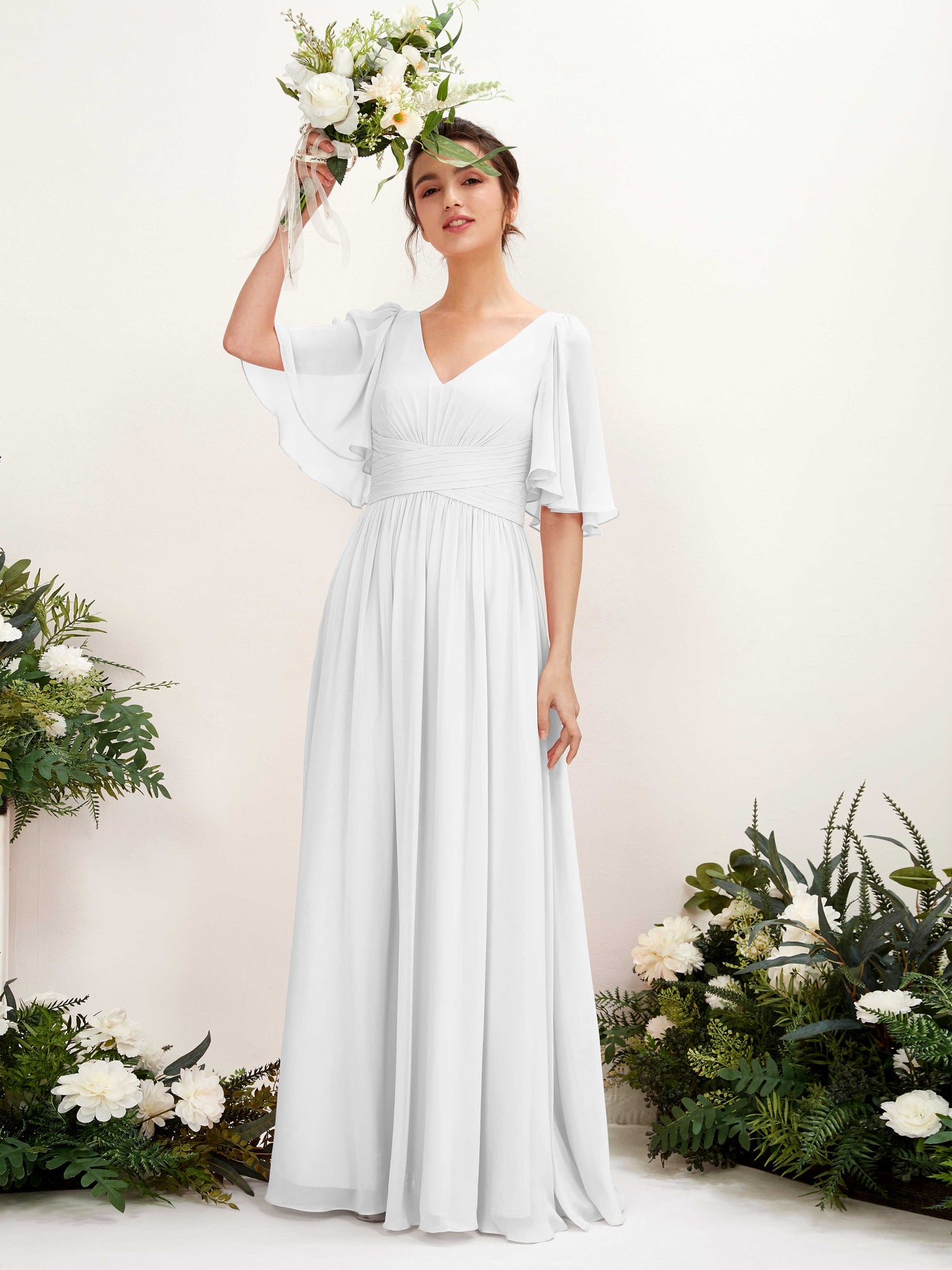 A-line V-neck 1/2 Sleeves Chiffon Bridesmaid Dress - White (81221642)#color_white