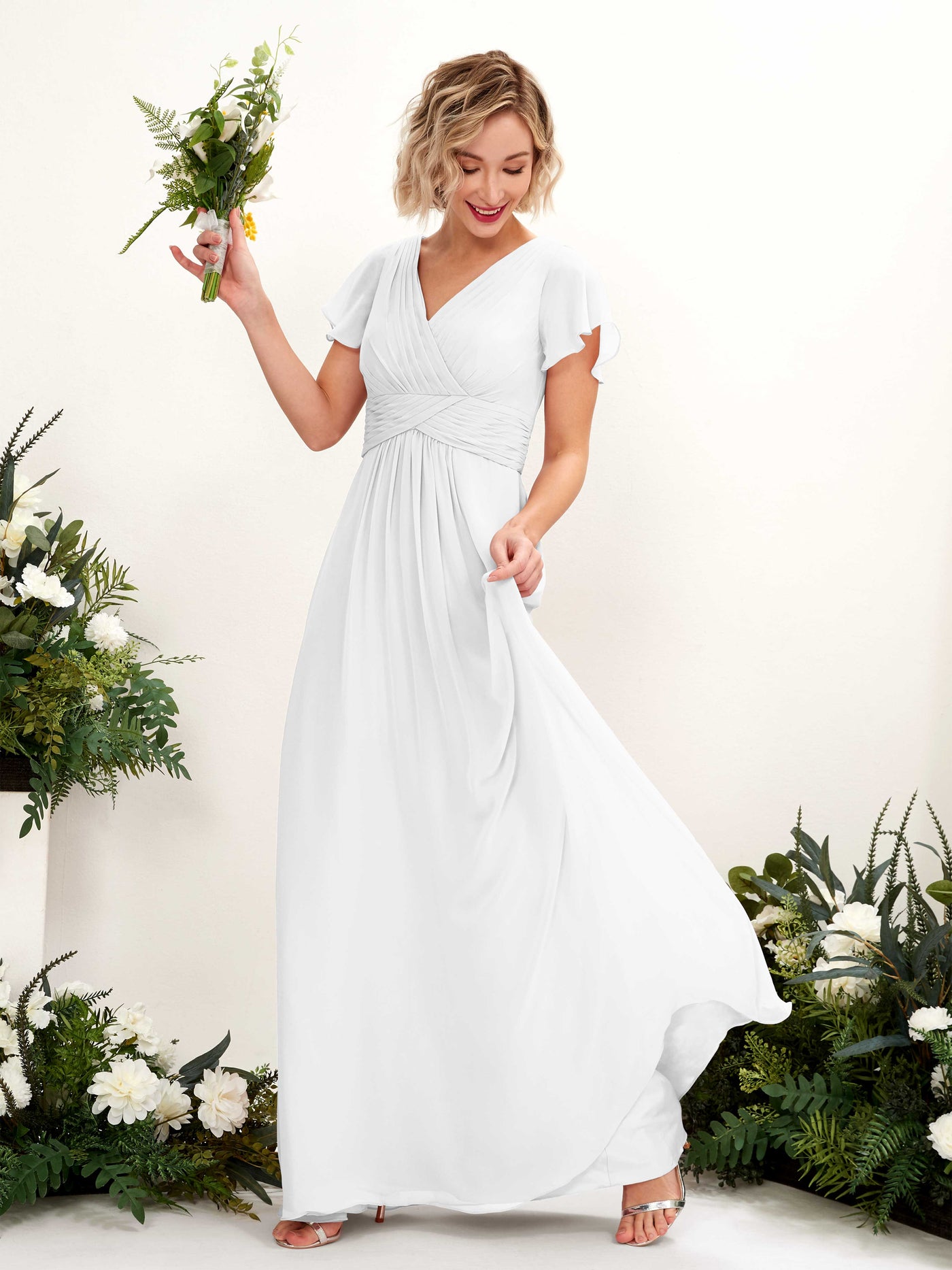 A-line V-neck Cap Sleeves Chiffon Bridesmaid Dress - White (81224342)#color_white