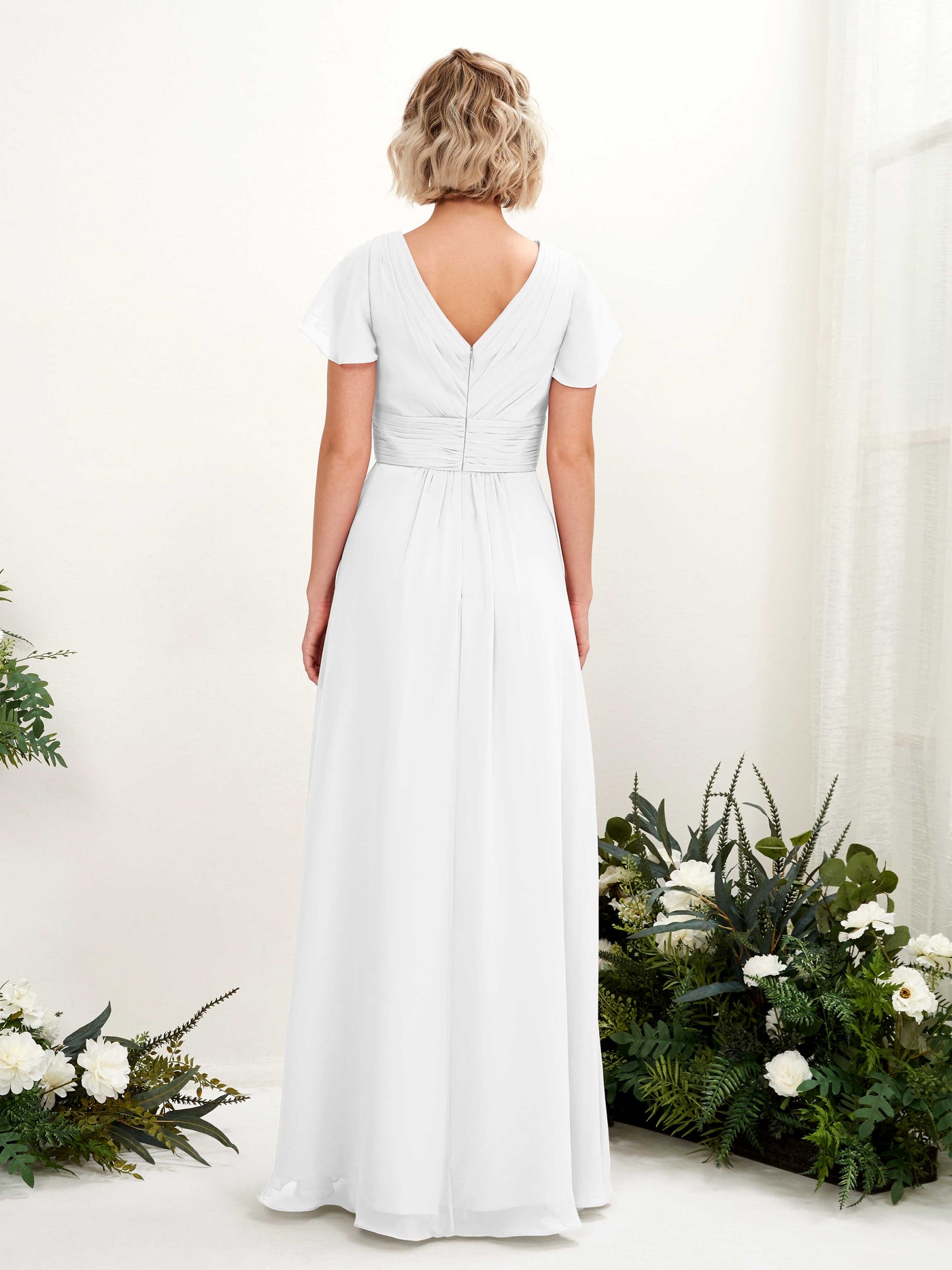 A-line V-neck Cap Sleeves Chiffon Bridesmaid Dress - White (81224342)#color_white