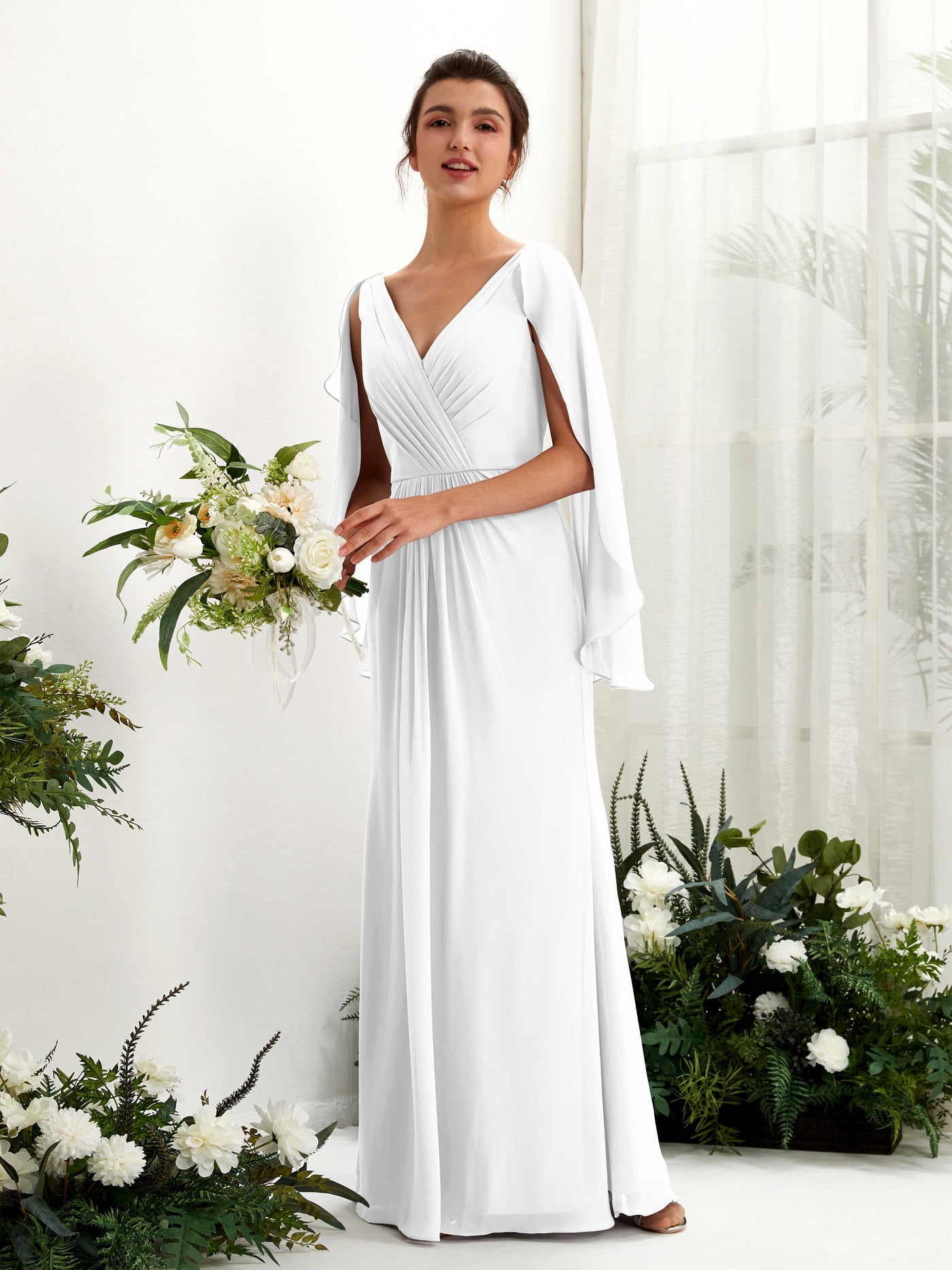 A-line V-neck Chiffon Bridesmaid Dress - White (80220142)#color_white