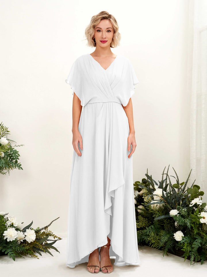 A-line V-neck Short Sleeves Chiffon Bridesmaid Dress - White (81222142)