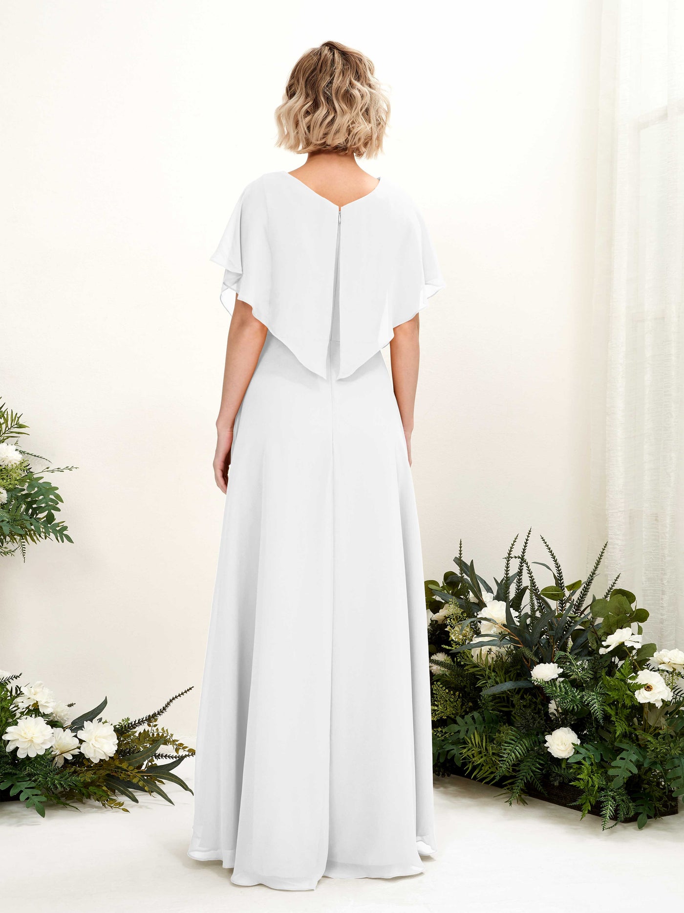 A-line V-neck Short Sleeves Chiffon Bridesmaid Dress - White (81222142)#color_white