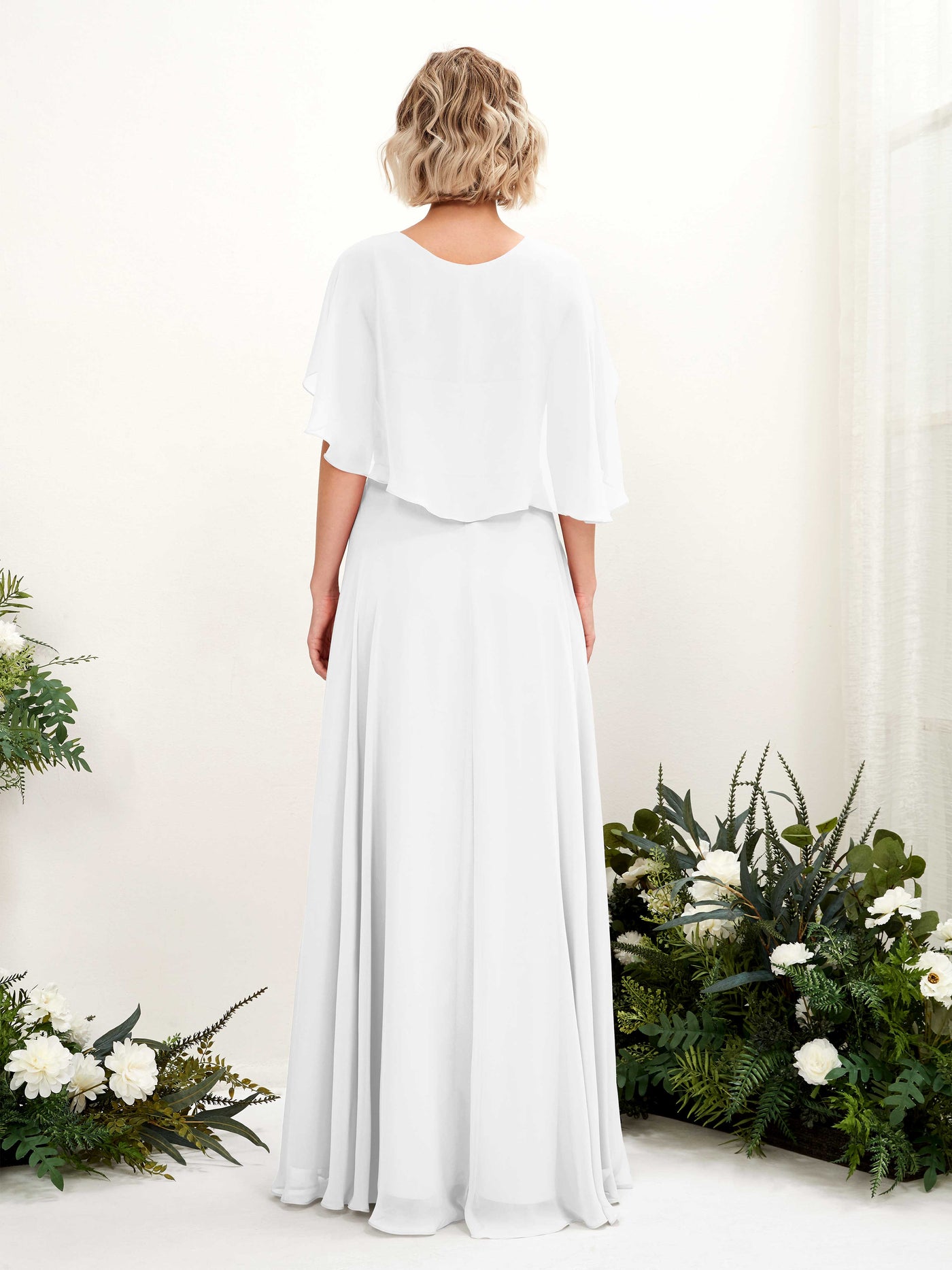 A-line V-neck Short Sleeves Chiffon Bridesmaid Dress - White (81224442)#color_white