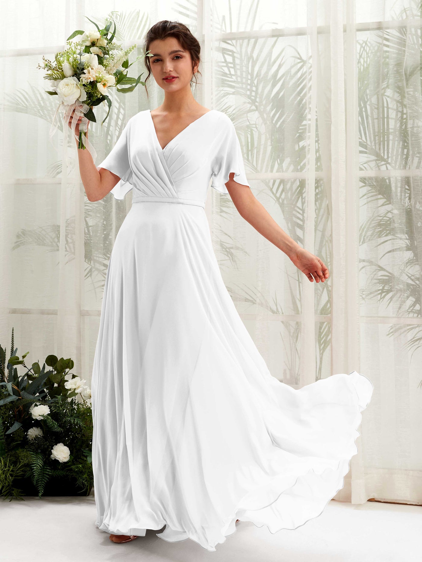 A-line V-neck Short Sleeves Chiffon Bridesmaid Dress - White (81224642)#color_white