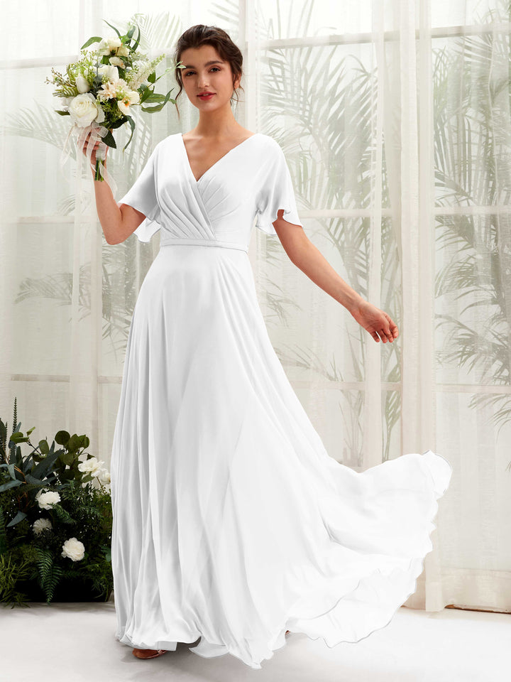 A-line V-neck Short Sleeves Chiffon Bridesmaid Dress - White (81224642)