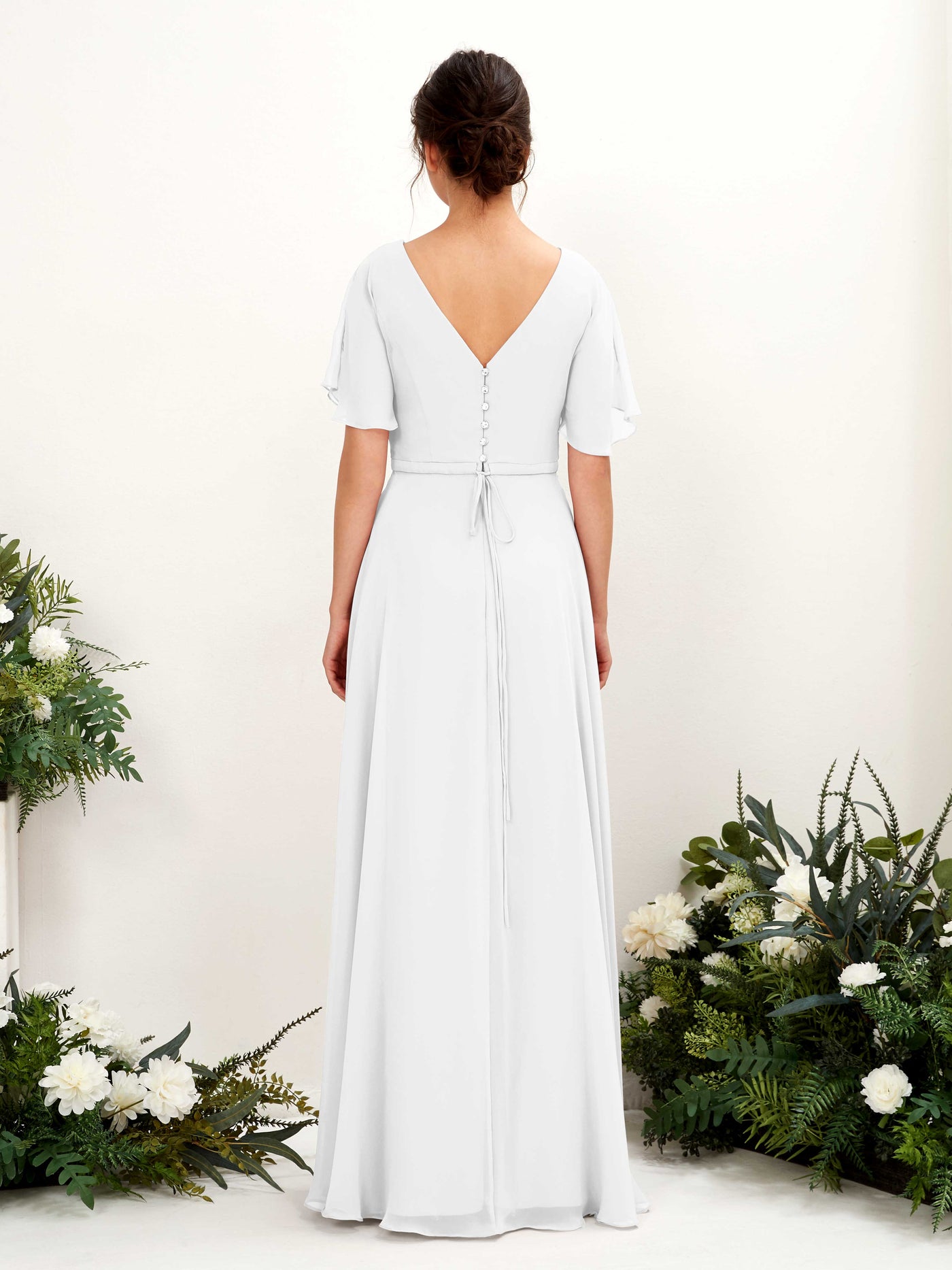 A-line V-neck Short Sleeves Chiffon Bridesmaid Dress - White (81224642)#color_white