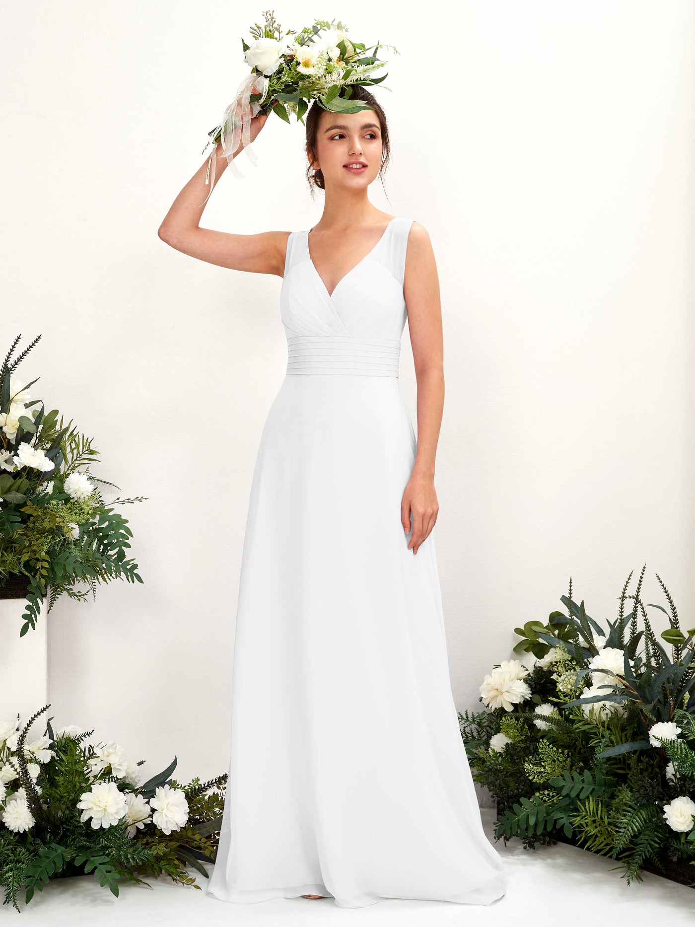 A-line V-neck Sleeveless Chiffon Bridesmaid Dress - White (81220942)#color_white