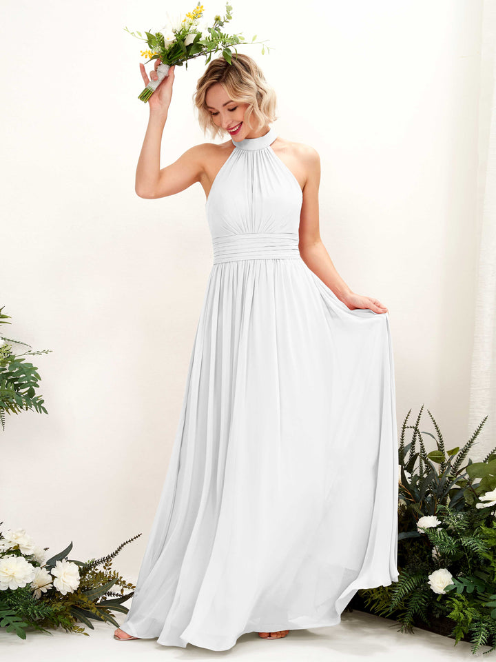 Ball Gown Halter Sleeveless Chiffon Bridesmaid Dress - White (81225342)