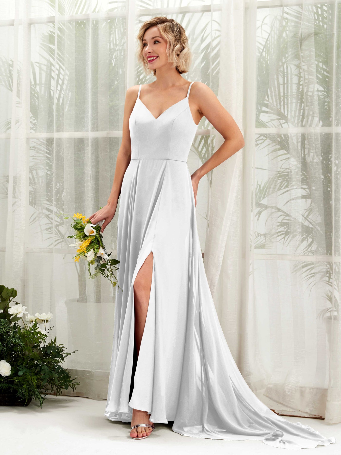 Ball Gown V-neck Sleeveless Bridesmaid Dress - White (81224142)#color_white