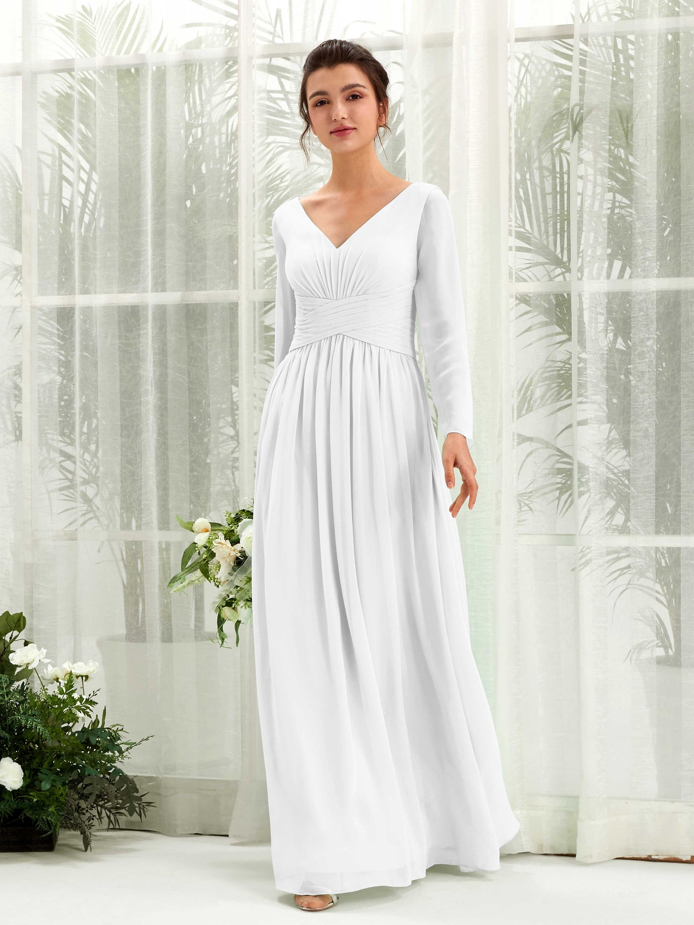 Ball Gown V-neck Long Sleeves Chiffon Bridesmaid Dress - White (81220342)#color_white