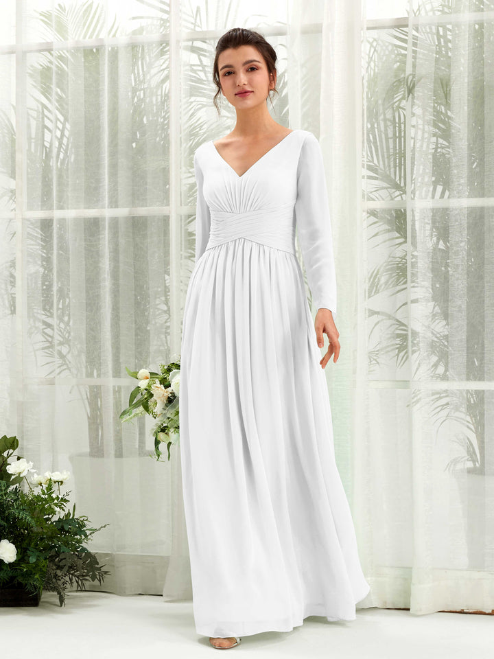 Ball Gown V-neck Long Sleeves Chiffon Bridesmaid Dress - White (81220342)