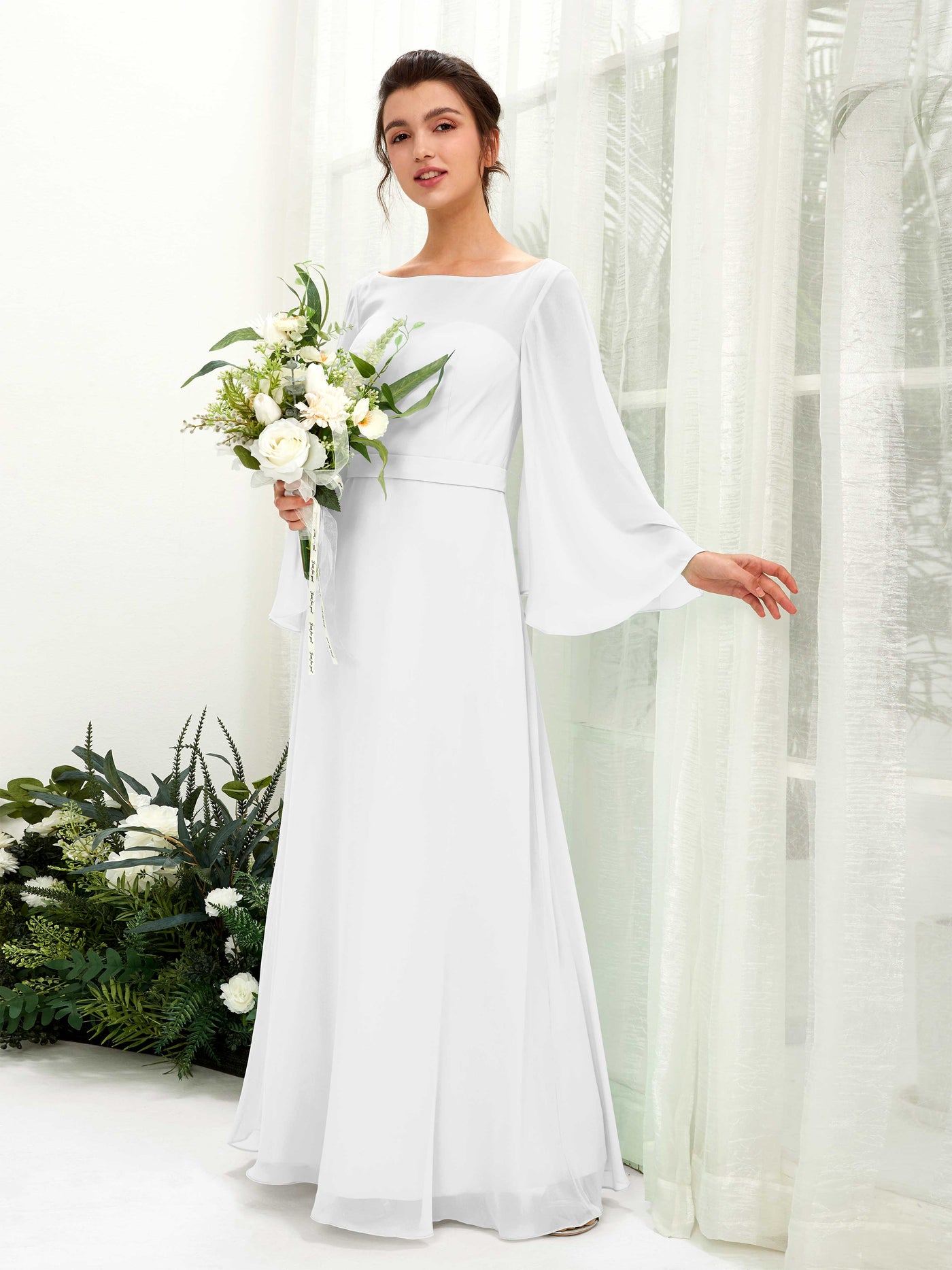Bateau Illusion Long Sleeves Chiffon Bridesmaid Dress - White (81220542)#color_white