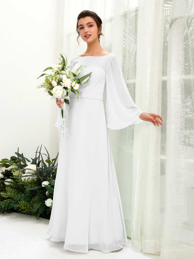 Carlyna Elie A-Line White Bridesmaid Dress Maxi Long Sleeve Boat Neck Front View #color_white