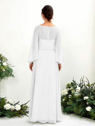 Carlyna Elie A-Line White Bridesmaid Dress Maxi Long Sleeve Boat Neck Back View #color_white