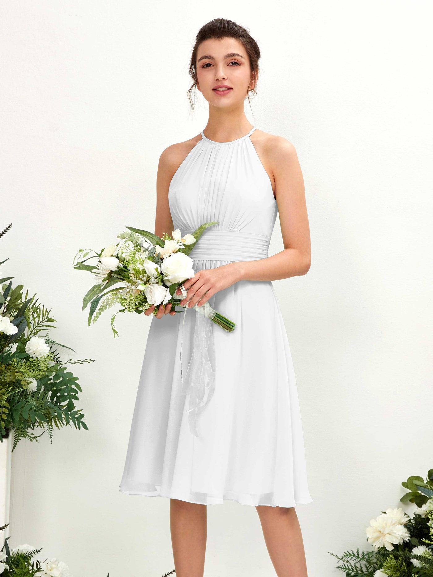 Halter Sleeveless Chiffon Bridesmaid Dress - White (81220142)#color_white