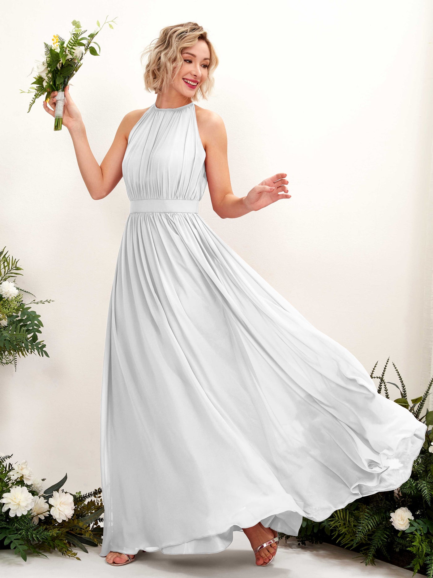 Halter Sleeveless Chiffon Bridesmaid Dress - White (81223142)#color_white