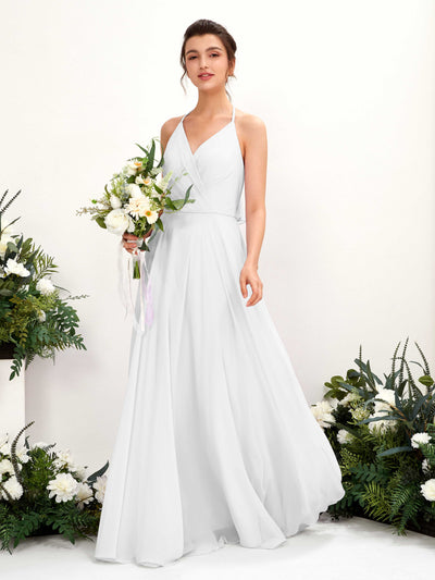Carlyna Launo A-Line White Bridesmaid Dress Maxi Sleeveless V-Neck Dress #color_white