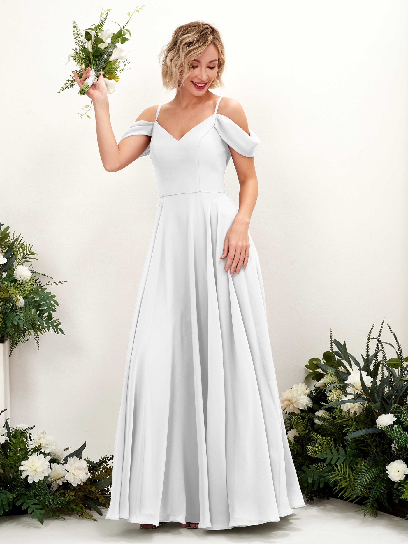 Off Shoulder Straps V-neck Sleeveless Chiffon Bridesmaid Dress - White (81224942)#color_white