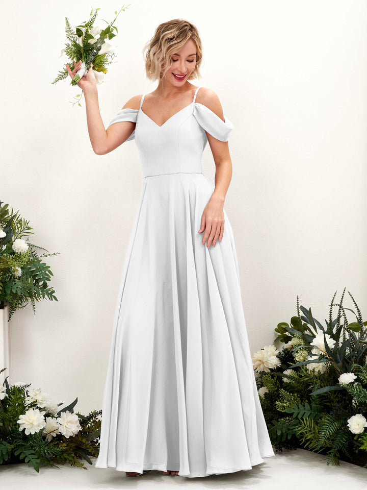 Off Shoulder Straps V-neck Sleeveless Chiffon Bridesmaid Dress - White (81224942)
