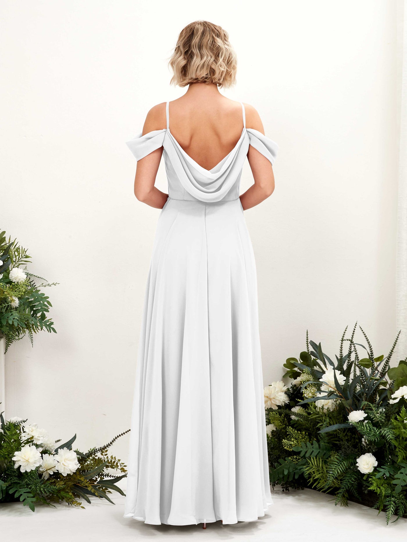 Off Shoulder Straps V-neck Sleeveless Chiffon Bridesmaid Dress - White (81224942)#color_white