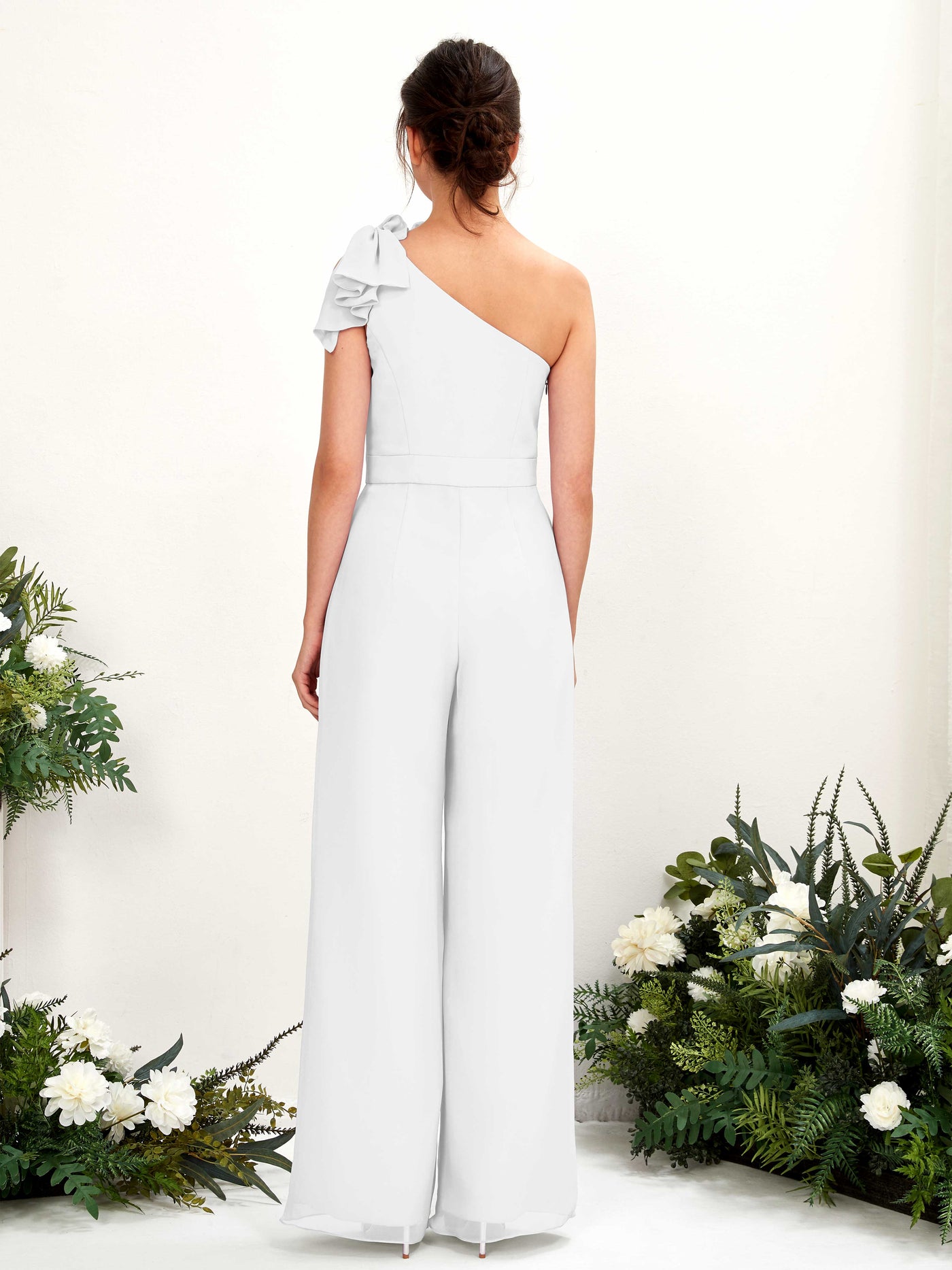 One Shoulder Sleeveless Chiffon Bridesmaid Wide-Leg Jumpsuit - White (81220842)#color_white