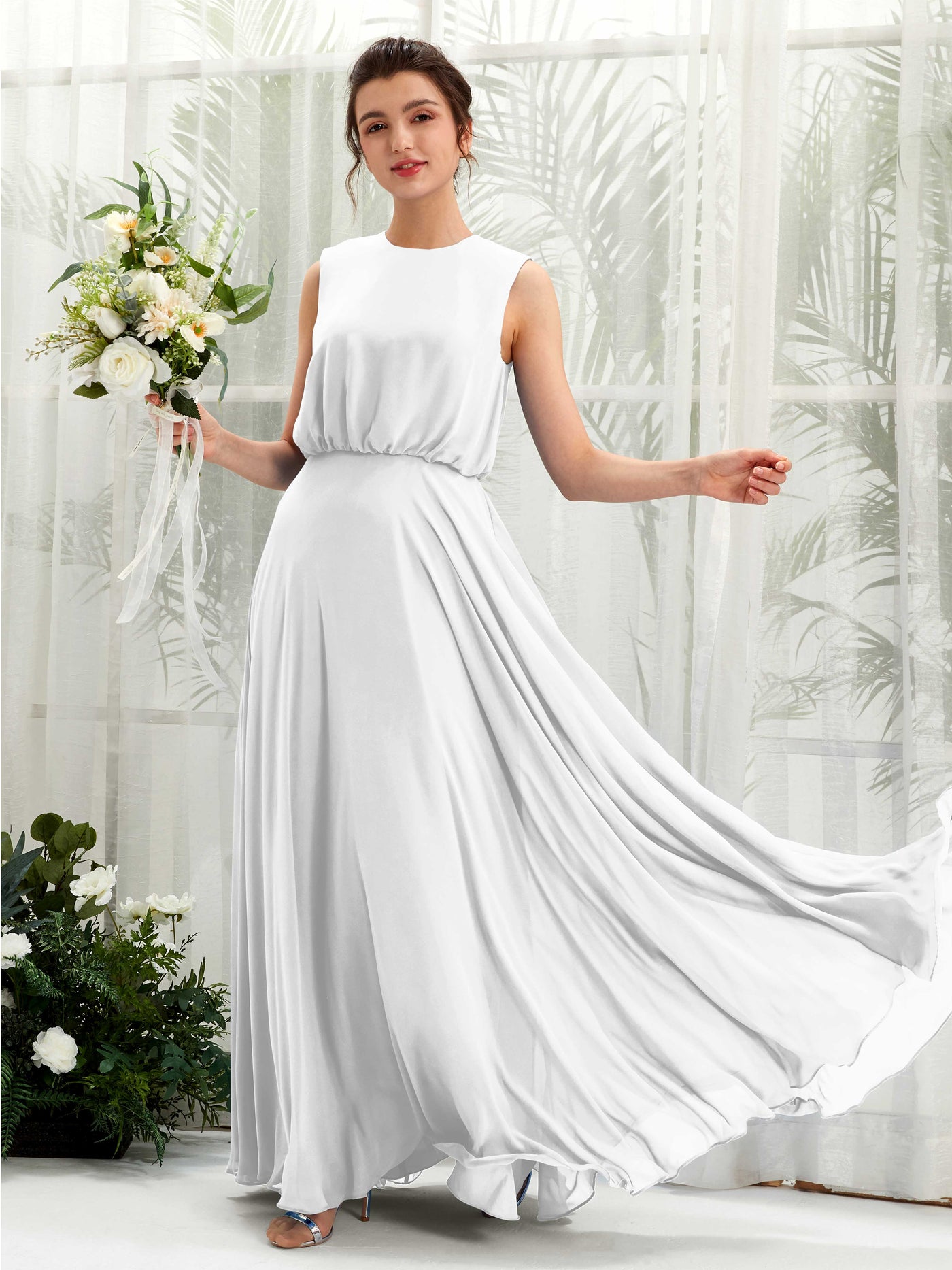 Round Sleeveless Chiffon Bridesmaid Dress - White (81222842)#color_white