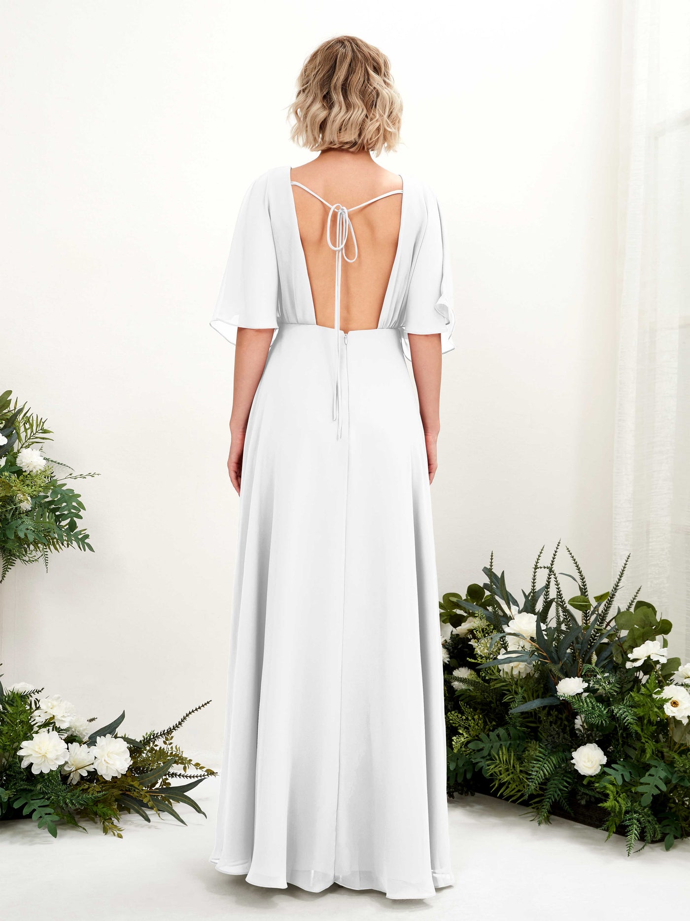 V-neck 1/2 Sleeves Chiffon Bridesmaid Dress - White (81225142)#color_white