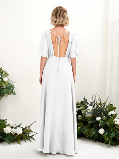 Carlyna Dhea A-Line White Bridesmaid Dress Maxi Short Sleeve V-Neck Dress Back View #color_white