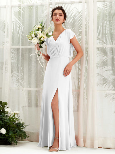 Carlyna Annie A-Line White Bridesmaid Dress Maxi Cap Sleeve V-Neck Dress Front View #color_white